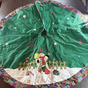 Festive Green Christmas Tree Skirt with Snowman Design